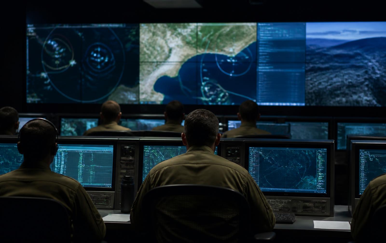 Integrated air and missile defence operations room with operators at fire control consoles